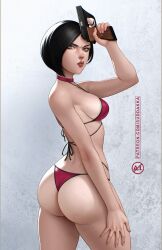 Rule 34 | 1girl, ada wong, angry, asian, ass, bikini, black hair, curtained hair, gun, highres, holding, holding gun, holding weapon, looking at viewer, red lips, resident evil, resident evil 4, smile, solo, suddakka, swimsuit, weapon