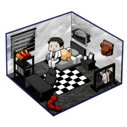 1boy alarm_clock bars bed blanket window_blinds book brazen_bull_(project_moon) carpet chain chair checkered_carpet clock clothes_hanger collared_shirt desk drawer e.g.o_(project_moon) gauntlets limbus_company male_focus meursault_(project_moon) pa_rsnip pillow portrait_(object) project_moon shirt stuffed_animal stuffed_toy swivel_chair vest you_want_to_get_beat?_hurtily?_(limbus_company)