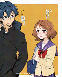 1boy 1girl bag black_jacket blue_eyes blue_hair blush bow bowtie brown_eyes brown_hair collarbone jacket long_sleeves mei_0404 notice_lines open_mouth outside_border red_bow red_bowtie sailor_collar school_bag school_uniform shangri-la_frontier short_hair skirt