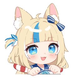 1girl :3 ahoge animal_ear_fluff animal_ears blonde_hair blue_eyes blue_hair blue_sailor_collar cat_ears clenched_hands commentary english_commentary highres hitsukuya indie_virtual_youtuber looking_at_viewer multicolored_hair paw_pose sailor_collar sameko_saba shirt simple_background smile solo streaked_hair virtual_youtuber white_background white_shirt