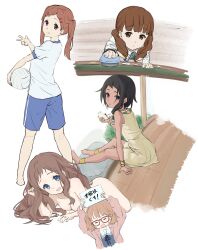 5girls :d =_= absurdres anklet arm_support arms_up ball bare_legs barefoot blue_eyes blue_shorts bracelet breasts brown_eyes brown_hair cardigan casyu_nut censored censored_nipples chalk chalkboard choi_mochimazzui collared_shirt company_connection completely_nude convenient_censoring cropped_torso crossover dark-skinned_female dark_skin dress from_above from_side full_body glasses gym_shirt gym_shorts gym_uniform hair_spread_out highres holding holding_ball holding_own_hair holding_paper holding_sign jewelry k-on! kneepits kuriyama_mirai kyoto_animation kyoukai_no_kanata long_hair long_sleeves looking_at_viewer looking_back looking_to_the_side lying medium_breasts multiple_crossover multiple_girls novelty_censor nude on_stomach open_cardigan open_clothes open_mouth paper pink_cardigan red-framed_eyewear saeki_mika sakuragaoka_high_school_uniform school_uniform shindou_ai shirt short_hair short_sleeves shorts sign sitting sketch smile tamako_market tears tongue tongue_out twintails v volleyball volleyball_(object) wakaouji_ichigo wavy_hair white_shirt yellow_dress