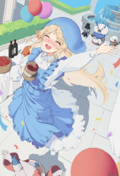 1girl absurdres alcohol balloon beer_mug blonde_hair blush cartethyia_(wuthering_waves) closed_eyes commentary_request confetti cup dress drunk fountain highres holding holding_cup long_dress long_hair mug open_mouth outstretched_arm pointy_ears smile solo syakou tacet_discord_(wuthering_waves) tacet_mark_(wuthering_waves) very_long_hair white_dress wine wuthering_waves