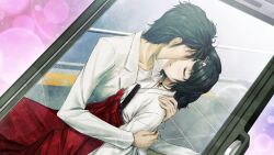2boys beard_stubble black_hair blush bob_cut breast_pocket brown_pants carrying carrying_person cellphone_photo chihaya_(clothing) choker closed_eyes coat collarbone eyelashes faceless faceless_male facial_hair fingernails from_side game_cg hair_ornament hairclip hakama hakama_skirt highres hug huke imminent_kiss japanese_clothes kosode lab_coat lapels leaning_on_person long_sleeves lying lying_on_lap lying_on_person messy_hair miko multiple_boys non-web_source notched_lapels object_in_pocket official_art okabe_rintarou on_back on_lap open_mouth pants pen_in_pocket pocket red_hakama ribbon_choker ribbon_trim shirt sitting skirt skull_hair_ornament steins;gate steins;gate:_my_darling&#039;s_embrace stubble t-shirt tile_floor tiles tongue trap urushibara_ruka white_coat white_shirt wide_sleeves yaoi