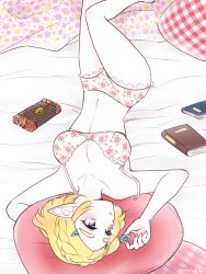 1girl blanket blonde_hair book bra braid collarbone commentary crown_braid floral_print floral_print_blanket floral_print_bra floral_print_panties from_above green_eyes hand_under_pillow highres knee_up lying nintendo on_back pillow plaid_pillow pointy_ears princess_zelda print_bra purah_pad red_pillow short_hair solo teraichigo the_legend_of_zelda the_legend_of_zelda:_tears_of_the_kingdom underwear underwear_only upside-down