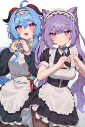 2girls absurdres ahoge alternate_costume amagasa apron bell black_dress black_pantyhose blue_hair breasts cleavage cleavage_cutout closed_mouth clothing_cutout commentary_request cone_hair_bun cowboy_shot cryo_symbol_(genshin_impact) diamond-shaped_pupils diamond_(shape) dot_nose double_bun dress enmaided frilled_apron frilled_hairband frills ganyu_(genshin_impact) genshin_impact goat_horns hair_between_eyes hair_bun hairband hands_up heart heart_cutout heart_hands highres horns keqing_(genshin_impact) long_hair long_sleeves looking_at_viewer maid medium_breasts multiple_girls neck_bell neck_tassel open_mouth pantyhose purple_eyes purple_hair short_sleeves simple_background small_sweatdrop smile symbol-shaped_pupils twintails vision_(genshin_impact) white_apron white_background