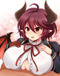 10s 1boy 1girl afuro blazer blush breasts claws covered_erect_nipples dragon_horns dragon_wings fang frilled_shirt frills granblue_fantasy grea_(shingeki_no_bahamut) hair_between_eyes heart hetero horns huge_breasts jacket open_clothes open_jacket open_mouth paizuri paizuri_under_clothes pointy_ears purple_hair red_eyes red_ribbon ribbon shingeki_no_bahamut shirt short_hair solo_focus upper_body white_shirt wings