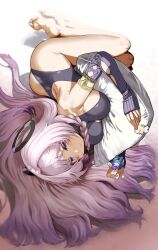 1girl absurdres bare_shoulders black_leotard blue_eyes blush braid breasts character_doll chroong citlali_(genshin_impact) closed_mouth dutch_angle facial_mark fetal_position floating_headgear forehead_mark full_body genshin_impact glove_cutout highres hugging_object leotard long_hair looking_at_viewer lumine_(genshin_impact) lying medium_breasts on_side ororon_(genshin_impact) pillow pillow_hug pink_hair pink_pupils ring_hair_ornament leotard sleeveless_turtleneck_leotard smile solo tears triangle triangle_facial_mark twin_braids very_long_hair