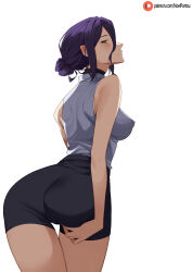 1girl absurdres ass ass_focus black_shorts breasts chainsaw_man closed_mouth commentary covered_erect_nipples english_commentary grabbing_own_ass green_eyes grey_shirt hair_between_eyes hair_bun highres medium_breasts noelpantsu patreon_logo purple_hair reze_(chainsaw_man) shirt shorts simple_background sleeveless sleeveless_shirt solo watermark web_address white_background