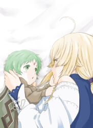 Rule 34 | ahoge, blonde hair, forehead jewel, green eyes, green hair, hair tie, highres, long sleeves, luicelia superdia, mother and daughter, mushoku tensei, norn greyrat, ponytail, rora (user vgpk4444)