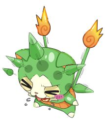 blush_stickers closed_eyes fire flame-tipped_tail green_fur highres hitodama multiple_tails nipachann no_humans simple_background solo spikes tail togenyan tongue tongue_out two_tails white_background youkai_(youkai_watch) youkai_watch