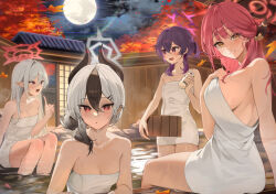 4girls aru_(blue_archive) autumn black_hair black_horns blue_archive breasts cleavage cloud full_moon grey_halo halo haruka_(blue_archive) horns iop5509 kayoko_(blue_archive) large_breasts long_hair looking_at_another looking_at_viewer medium_breasts moon multicolored_hair multiple_girls mutsuki_(blue_archive) naked_towel night night_sky onsen outdoors pink_halo problem_solver_68_(blue_archive) purple_eyes purple_hair red_hair red_halo sky towel two-tone_hair white_hair yellow_eyes