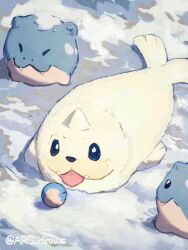 Rule 34 | :3, animal focus, arc draws, black eyes, bright pupils, closed mouth, day, fangs, fangs out, gen 1 pokemon, gen 3 pokemon, highres, lying, nintendo, no humans, on stomach, outdoors, pokemon, pokemon (creature), seel, smile, snow, spheal, tongue, tongue out, white pupils