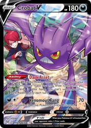 1boy artist_name blue_pants blue_shirt blue_shoes blue_sky card_(medium) character_name colored_sclera company_name copyright_name copyright_notice crobat day dust english_text flying gen_2_pokemon gossan great_ball holding holding_poke_ball long_sleeves medium_hair motion_blur multiple_wings nintendo official_art outdoors outstretched_arm pants poke_ball pokemon pokemon_(creature) pokemon_card pokemon_hgss pokemon_tcg red_eyes red_hair shirt shoes silver_(pokemon) sky smile standing teeth third-party_source trading_card wind wings yellow_sclera