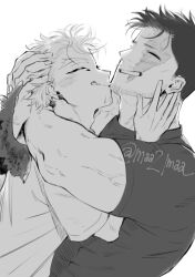 2boys ^_^ adam&#039;s_apple boku_no_hero_academia burn_scar closed_eyes commentary_request couple endeavor_(boku_no_hero_academia) feathered_wings grin hands_on_another&#039;s_face hawks_(boku_no_hero_academia) head_back hug ma_(maa21maa) male_focus multiple_boys scar scar_on_face shirt short_hair short_sleeves sideburns simple_background smile t-shirt teeth twitter_username upper_body veins veiny_arms white_background wings yaoi