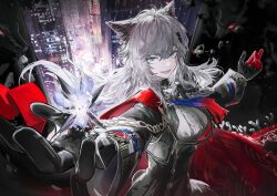 1girl animal_ears arknights black_gloves black_jacket black_skirt blue_eyes bolo_tie cape gloves grey_hair hair_between_eyes hashtag-only_commentary high-waist_skirt highres jacket lappland_(arknights) lappland_the_decadenza_(arknights) long_hair long_sleeves looking_at_viewer magic open_mouth outstretched_arms red_cape red_gloves runamonet skirt solo spread_arms wolf_ears wolf_girl