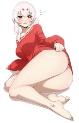 1girl absurdres barefoot blush bottomless breasts commentary daydarion dress english_commentary facial_mark forehead_mark hair_bun highres indie_virtual_youtuber large_breasts long_hair looking_at_viewer lying no_panties off-shoulder_dress off_shoulder on_side open_mouth red_eyes red_sweater simple_background single_side_bun solo sweater sweater_dress virtual_youtuber white_background white_hair yumie_tsuchinoko