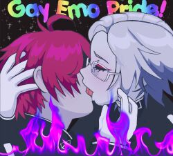 2boys ahoge aotsuki_eito black_background black_hair closed_eyes english_text eyelashes fire french_kiss glasses gloves hand_up kiss last_defense_academy_school_uniform male_focus messy_hair multicolored_hair multiple_boys parted_hair pink_fire purple_fire rainbow_text red_hair simple_background sumino_takumi the_hundred_line_-last_defense_academy- tongue upper_body white_gloves white_hair yaoi