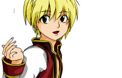 1boy asa_bam blonde_hair coat commentary_request cosplay fingernails gold_trim green_eyes high_priest_(ragnarok_online) high_priest_(ragnarok_online)_(cosplay) hunter_x_hunter kurapika long_sleeves looking_at_viewer male_focus multicolored_coat notice_lines open_mouth ragnarok_online red_coat short_hair simple_background smile solo two-tone_coat upper_body white_background white_coat