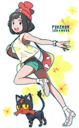 1girl aqua_shorts armpit_peek armpits bag black_hair blue_eyes blunt_bangs churumi_(grie) colored_sclera commentary_request copyright_name creatures_(company) floral_background floral_print full_body game_freak gen_7_pokemon hat high_heels litten looking_at_viewer nintendo open_mouth outline outstretched_arm pokemon pokemon_(creature) pokemon_sm red_eyes red_hat running sandals selene_(pokemon) shirt short_hair short_shorts shorts sleeveless smile watch white_background yellow_sclera yellow_shirt