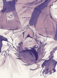 2boys ahoge aotsuki_eito bed_sheet blush breath greyscale highres holding_another&#039;s_wrist holding_hands hood hoodie interlocked_fingers jacket looking_at_viewer male_focus monochrome multicolored_hair multicolored_jacket multiple_boys open_clothes open_jacket out_of_frame s4cre_d sheet_grab short_hair solo_focus streaked_hair sumino_takumi the_hundred_line_-last_defense_academy- two-tone_jacket upside-down yaoi