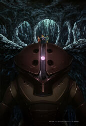 1girl 2boys absurdres acguy ambush artist_request blonde_hair boots cavern child gun gundam hair_ribbon hiding highres jumping katz_kobayashi kikka_kitamoto letz_cofan machine_gun machinery mecha mobile_suit mobile_suit_gundam multiple_boys official_art one-eyed painting_(medium) pulling_arm realistic ribbon robot rock scan science_fiction shorts traditional_media underground walking weapon when_you_see_it zeon