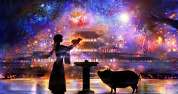 00 1girl architecture backlighting colorful dark east_asian_architecture fireworks hakama hakama_skirt highres japanese_clothes lens_flare low_ponytail miko new_year night original pedestal pig ponytail profile scenery silhouette skirt sky tree water