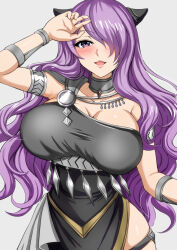 Rule 34 | 1girl, alternate costume, ancient greek clothes, armlet, blush, bracelet, breasts, camilla (fire emblem), cleavage, collarbone, dancer, dancer (fire emblem: three houses), dress, female focus, fire emblem, fire emblem: three houses, fire emblem fates, greco-roman clothes, hair over one eye, highres, jewelry, large breasts, long hair, matching hair/eyes, nintendo, open mouth, pelvic curtain, purple eyes, purple hair, single-shoulder dress, smile, solo