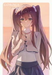 1girl absurdres black_skirt brown_eyes brown_hair cowboy_shot crop_top highres jewelry kosaka_kaslana long_hair looking_at_viewer necklace ogiso_setsuna scrunchie shirt skirt smile twintails white_album_(series) white_album_2 white_scrunchie white_shirt