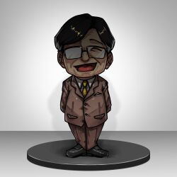 Rule 34 | 1boy, absurdres, arms behind back, black hair, black shoes, brown jacket, brown pants, brown suit, closed eyes, collared shirt, commentary, english commentary, facing viewer, figure, formal clothes, full body, glasses, highres, hold111, idolmaster, idolmaster (classic), jacket, long sleeves, male focus, mature male, necktie, open mouth, pants, shirt, shoes, short hair, smile, solo, standing, suit, takagi junjirou, yellow necktie