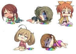 5girls abe_nana ahoge bare_legs barefoot between_legs blonde_hair blue_eyes blunt_bangs blush bow bowtie breasts brown_eyes brown_hair cardigan closed_eyes closed_mouth constricted_pupils crossed_ankles crying dilated_pupils dress earrings eating green_eyes green_hair hair_bow hand_between_legs idolmaster idolmaster_cinderella_girls jewelry katagiri_sanae light_brown_hair long_hair long_sleeves low_twintails medium_breasts mifune_miyu mole mole_under_eye multiple_girls open_cardigan open_clothes open_mouth orange_hair parted_bangs pink_dress pink_legwear pleated_skirt ponytail rainbow vomiting_rainbows sato_shin short_hair short_sleeves short_twintails shorts sick sidelocks simple_background sitting skirt sweater takagaki_kaede taru_haru thighhighs twintails vomit vomiting vomiting_rainbows white_background