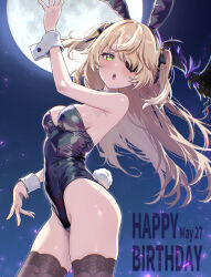 1girl absurdres animal_ears arm_up bat_ornament black_leotard black_thighhighs blonde_hair breasts cleavage commentary_request covered_navel dated eyepatch fake_animal_ears fake_tail fischl_(genshin_impact) genshin_impact green_eyes happy_birthday highleg highleg_leotard highres leotard long_hair looking_at_viewer medium_breasts night night_sky open_mouth outdoors oz_(genshin_impact) playboy_bunny rabbit_ears rabbit_tail sky so2mizura strapless strapless_leotard tail teeth thighhighs thighs two_side_up upper_teeth_only white_wrist_cuffs wrist_cuffs