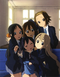 Rule 34 | 5girls, akiyama mio, blazer, bucket, food, fruit, highres, hirasawa yui, ho-kago tea time, jacket, k-on!, kotobuki tsumugi, multiple girls, nakano azusa, no legwear, orange (fruit), poking, school uniform, smile, tainaka ritsu, ton-chan, turtle, yamada naoko
