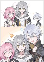 Rule 34 | 1boy, 2girls, ?, ^^^, ahoge, black choker, black coat, blue eyes, choker, coat, commentary request, cyrene (honkai: star rail), grey hair, hair ornament, highres, honkai: star rail, honkai (series), jewelry, locked arms, medium hair, multicolored hair, multiple girls, necklace, open mouth, phainon (honkai: star rail), pink hair, shirt, short hair, simple background, spoken question mark, stelle (honkai: star rail), trailblazer (honkai: star rail), two-tone hair, white background, white hair, white shirt, yellow eyes, younomiti