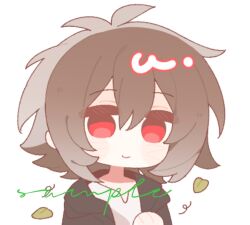 Rule 34 | 1boy, black jacket, blush stickers, brown hair, closed mouth, eyes visible through hair, hair between eyes, hand on own chest, hood, hood down, hooded jacket, isoi haruki, jacket, leaf, male focus, medium hair, nacl511736, open clothes, open jacket, red eyes, saibou shinkyoku, sample watermark, shirt, short hair, smile, solo, upper body, watermark, white shirt