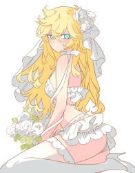 1girl blonde_hair blue_eyes blush bouquet bra breasts bridal_veil closed_mouth flower garter_belt hair_between_eyes hair_flower hair_ornament high_heels highres holding holding_bouquet layered_skirt lingerie long_hair looking_at_viewer meremero microskirt oscar_francois_de_jarjayes panties pumps shoes simple_background sitting skirt small_breasts solo thighhighs underwear veil versailles_no_bara very_long_hair white_background white_bra white_flower white_panties white_shoes white_skirt white_thighhighs