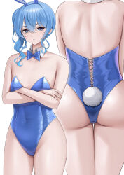 1girl absurdres alternate_costume animal_ears armpit_crease arms_under_breasts ass back bare_shoulders blue_bow blue_bowtie blue_eyes blue_hair blue_leotard bow bowtie collarbone commentary covered_navel cowboy_shot crossed_arms detached_collar eyelashes fake_animal_ears fake_tail flat_chest hair_between_eyes highleg highleg_leotard highres hololive hoshimachi_suisei laimer leotard looking_at_viewer multiple_views parted_lips playboy_bunny rabbit_ears shadow side_ponytail simple_background star_(symbol) star_in_eye strapless strapless_leotard symbol_in_eye tail thighs virtual_youtuber white_background