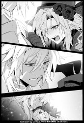 1boy 1girl angry armor close-up crying crying_with_eyes_open dark-skinned_male dark_skin fate/grand_order fate_(series) flower gloves greyscale hair_between_eyes hair_flower hair_ornament height_difference hetero highres hug husband_and_wife kriemhild_(fate) light_particles meiji_ken mole mole_under_eye monochrome open_mouth pauldrons rose shoulder_armor siegfried_(fate) tears veil