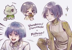 Rule 34 | 1boy, abwi str, animalization, arms at sides, bags under eyes, black eyes, blunt ends, capelet, cat, character name, cosplay, dungeon meshi, eating, empty eyes, food, fork, genshin impact, green capelet, green sleeves, grey hair, grey shirt, highres, holding, holding fork, male focus, mithrun, mithrun (cosplay), multiple expressions, open mouth, parted bangs, partially shaded face, partially unbuttoned, person and animalization, purple eyes, ribbed collar, ribbed sleeves, scaramouche (genshin impact), shirt, smile, solo, teeth, tongue, tunic, twitter username, uneven eyes, upper teeth only, wanderer (genshin impact), white background, white cat, white shirt, wispy bangs
