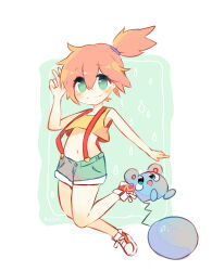 absurdres azurill chibi denim denim_shorts gen_3_pokemon green_eyes highres koitshi misty_(pokemon) nintendo orange_hair pokemon pokemon_(anime) pokemon_(classic_anime) pokemon_(creature) red_shoes shirt shoes shorts side_ponytail sneakers suspender_shorts suspenders tank_top v yellow_shirt yellow_tank_top