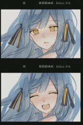 1girl bang_dream! bang_dream!_it&#039;s_mygo!!!!! black_ribbon blue_hair chinese_commentary closed_eyes commentary_request crying crying_with_eyes_open film_strip floating_hair hair_ribbon highres hokutou kodak_(company) long_hair open_mouth ribbon smile tears togawa_sakiko yellow_eyes