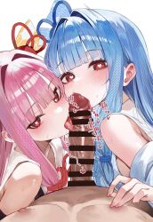 1boy 2girls absurdres bar_censor bare_shoulders blue_hair blue_ribbon blunt_bangs blush censored cooperative_fellatio detached_sleeves erection fellatio ffm_threesome fingernails group_sex hair_intakes hair_ribbon heart heart-shaped_pupils highres kotonoha_akane kotonoha_aoi licking licking_penis long_hair looking_at_viewer multiple_girls nipple_stimulation one_side_up oral penis pink_hair pov red_eyes red_ribbon ribbon siblings sisters sound_effects suujiniku sweat symbol-shaped_pupils teamwork_(sexual) threesome tongue tongue_out veins veiny_penis voiceroid