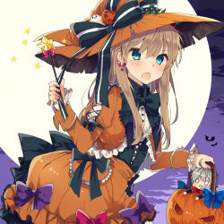 &gt;:o 0_0 1boy 1girl :o ahoge alternate_costume aqua_eyes bad_id bad_pixiv_id bag bat_(animal) black_bow black_neckwear blush bow bowtie brown_hair capelet character_request dress earrings frilled_sleeves frills full_moon gem ghost hair_ornament halloween halloween_costume hat hat_bow heart heart_earrings holding holding_bag ikeuchi_tanuma jack-o&#039;-lantern jewelry long_hair long_sleeves moon neon_genesis_evangelion open_mouth orange_dress orange_hat pearl_(gemstone) pink_bow pumpkin pumpkin_bag purple_bow purple_sky red_bow red_neckwear sky solo_focus souryuu_asuka_langley upper_body v-shaped_eyebrows witch witch_hat
