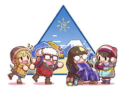 04sora40 4girls beanie blanket boots brown_coat brown_footwear cellphone chair chibi chibi_only coat coke-bottle_glasses drooling glasses hat holding holding_phone inuyama_aoi mittens mountain mouth_drool multiple_girls oogaki_chiaki phone rectangular_eyewear round_eyewear saitou_ena sitting smartphone solid_oval_eyes squeans sun_symbol tent toba_minami winter_clothes winter_coat yurucamp