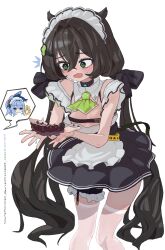 1girl anchor_(nikke) apron ascot black_hair black_skirt breasts commentary_request goddess_of_victory:_nikke green_ascot green_eyes highres image_in_speech_bubble kunikuni_(kunihiro2005) long_hair low_twintails maid maid_headdress open_mouth simple_background skirt small_breasts speech_bubble sweatdrop trony_(nikke) trony_(sweet_step)_(nikke) twintails waist_apron white_apron white_background