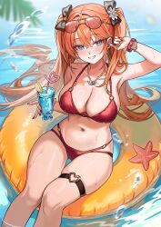 Rule 34 | 1girl, absurdres, afloat, aqua eyes, ariko (aaaaarik), armpits, aviator sunglasses, bare shoulders, bikini, black ribbon, bracelet, breasts, cleavage, commentary, crazy straw, crossed bangs, cup, drink, drinking straw, english commentary, eyewear on head, food, fruit, hair ribbon, hand up, heart, heart o-ring, heart straw, highres, holding, holding cup, holding drink, innertube, jewelry, large breasts, lemon, lemon slice, long hair, looking at viewer, luci-04, mole, mole on stomach, multi-strapped bikini bottom, navel, necklace, o-ring, o-ring thigh strap, orange hair, red bikini, red nails, ribbon, second-party source, solo, stomach, sunglasses, swim ring, swimsuit, thigh gap, thigh strap, two side up, very long hair, vfleet, virtual youtuber, water, wrist belt