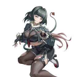 1girl absurdres ajaz_(artist) animal_ears between_breasts black_gloves black_hair black_necktie black_pantyhose black_shorts black_tail breasts closed_mouth crop_top fingerless_gloves fur-trimmed_jacket fur_trim garter_straps gloves gradient_hair gradient_tail green_eyes green_jacket high-waist_shorts high_heels highres jacket jane_doe_(zenless_zone_zero) large_breasts looking_at_viewer medium_hair mouse_ears mouse_girl multicolored_hair navel necktie necktie_between_breasts pantyhose red_hair red_nails red_necktie red_tail shorts single_garter_strap single_leg_pantyhose single_thighhigh smile solo tail thighhighs torn_clothes torn_pantyhose torn_thighhighs two-tone_necktie zenless_zone_zero