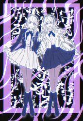 Rule 34 | 2girls, :d, absurdres, black background, black boots, black bow, black bowtie, black hairband, black jacket, black skirt, blurry, boots, bow, bowtie, braid, collared shirt, crossed legs, hairband, hand on another&#039;s hand, highres, jacket, kashimiya karua, kirifuji nozomi, light smile, long hair, multiple girls, open mouth, pabitelsafe3, purple background, shirt, skirt, skirt hold, smile, symmetrical pose, the hundred line -last defense academy-, two-tone background, white hair, white jacket, white shirt, white skirt