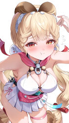 1girl absurdres alice_thymefield alice_thymefield_(sea_of_thyme) animal_ears blonde_hair blush breasts cleavage closed_mouth highres kkachi0909 large_breasts long_hair looking_at_viewer low_twintails official_alternate_costume one-piece_swimsuit orange_eyes pink_scarf puffy_cheeks rabbit_ears rabbit_girl scarf solo swimsuit thigh_strap twintails very_long_hair white_background white_one-piece_swimsuit zenless_zone_zero