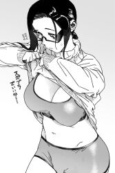 Rule 34 | 1girl, absurdres, bike shorts, breasts, cleavage, clothes lift, commentary request, demi-chan wa kataritai, glasses, greyscale, highres, huge breasts, light blush, long hair, looking down, low ponytail, monochrome, navel, petosu (sunoco), ponytail, satou sakie, semi-rimless eyewear, sports bra, sportswear, sweatdrop, sweater, translation request, turtleneck, turtleneck sweater, underwear