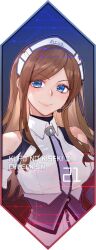 achan_(blue_semi) bare_shoulders blue_eyes breasts brown_hair eiyuu_densetsu english_text headset highres kuro_no_kiseki kuro_no_kiseki_(series) kuro_no_kiseki_ii large_breasts long_hair looking_at_viewer maid_headdress mirabel_aalton necktie parted_bangs portrait sidelocks simple_background upper_body